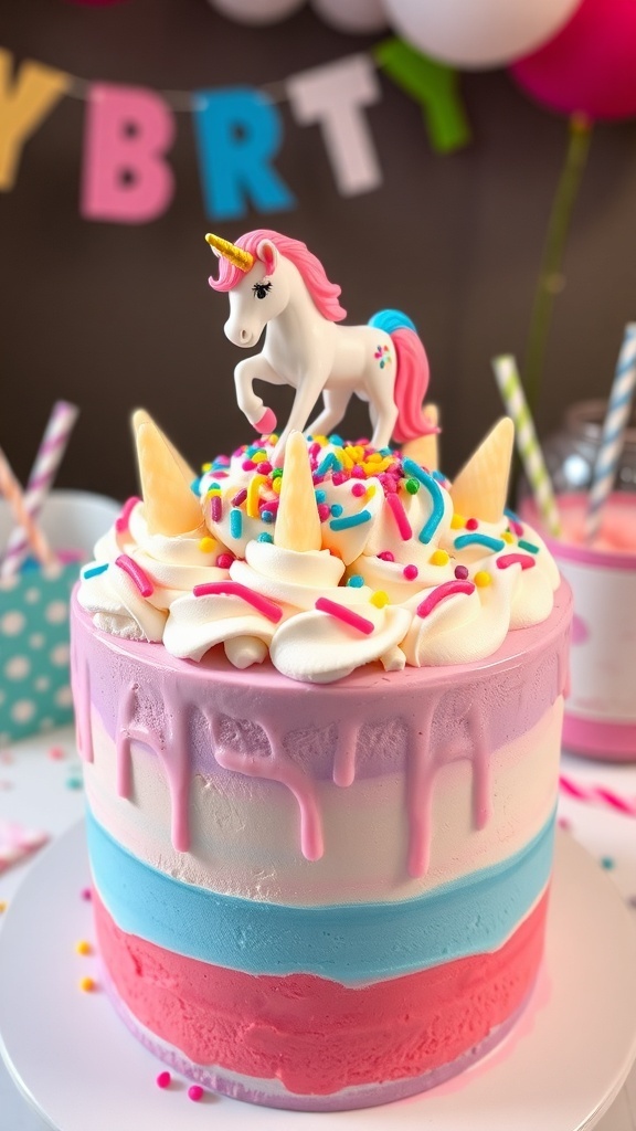 A colorful unicorn ice cream cake with layers of ice cream and sprinkles, topped with a unicorn decoration on a festive table.